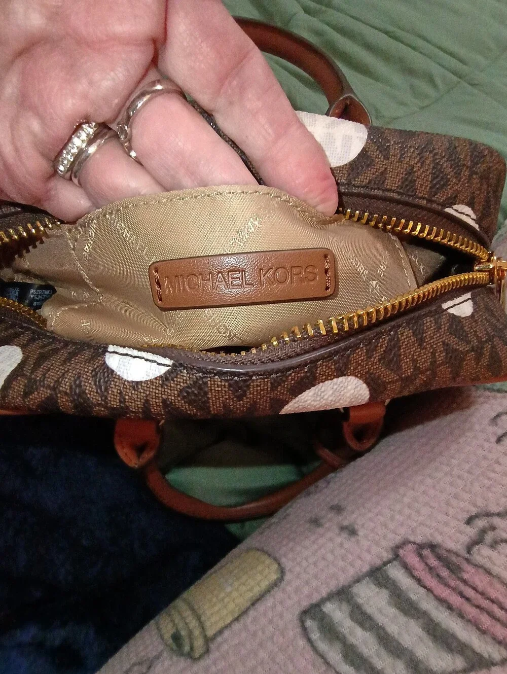 Michael Kors Brown Canvas Polka Dot Satchel with Tan Trim